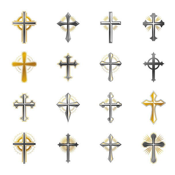 Kereszt a keresztény vallás emblémák beállítása. Heraldikai címer dekoratív logók elszigetelt vektor illusztrációk gyűjtemény. - Vektor, kép