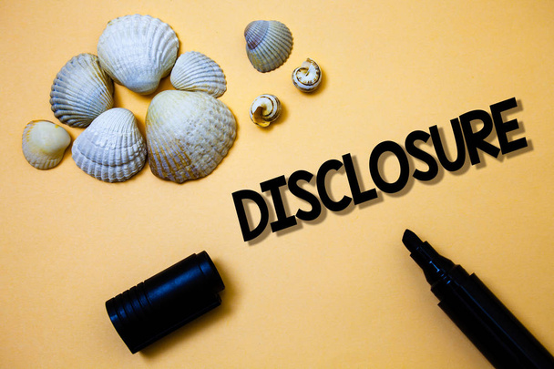 Conceptual hand writing showing Disclosure. Business photo text The action of making New or Secret Confidential information known Yellow background shadow open marker shells beach memory memories - Photo, Image