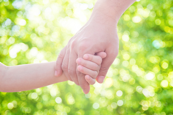 Отец держит за руку маленького ребенка в парке
 - Фото, изображение