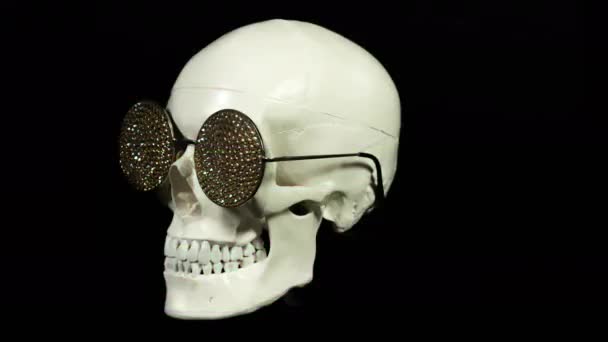 cráneo con gafas de sol cubiertas de diamantes girando contra negro con distorsión añadida
 - Metraje, vídeo