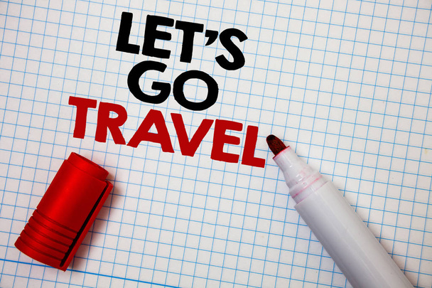 Writing note showing  Let'S Go Travel. Business photo showcasing Going away Travelling Asking someone to go outside Trip Graph paper grey important thoughts idea information science math data - Photo, Image