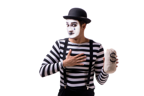 Mime mit Geldbeutel isoliert auf weißem Hintergrund - Foto, Bild
