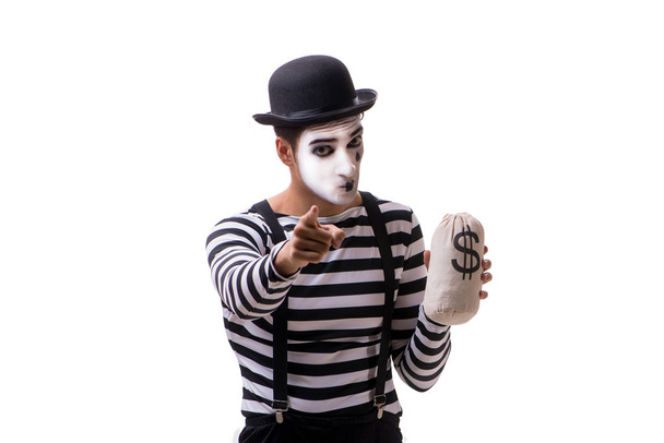 Mime with moneybag isolated on white background - Foto, afbeelding