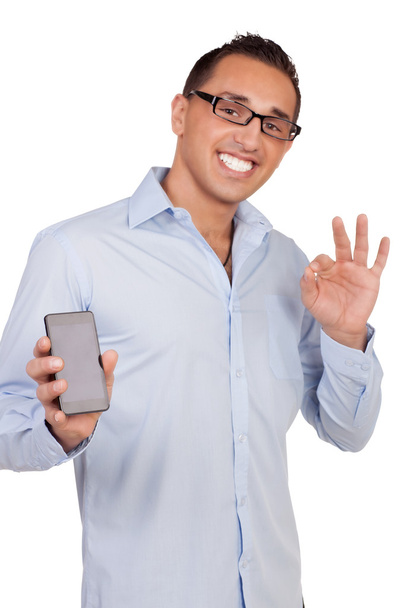 man met een mobiele geven een perfecte gebaar - Foto, afbeelding