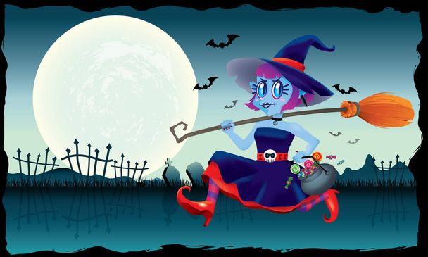 A running cute witch, holding a bowl of candies and a magic broom in her hand. With spooky background. - Wektor, obraz