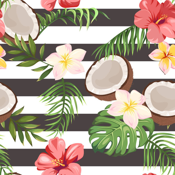seamless pattern with tropical flowers, palm leaves and coconuts  - Vector, Image