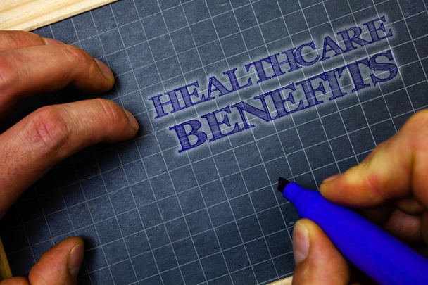 Handwriting text Healthcare Benefits. Concept meaning it is insurance that covers the medical expenses Paper blue background graph marker pen message idea important thoughts - Photo, Image