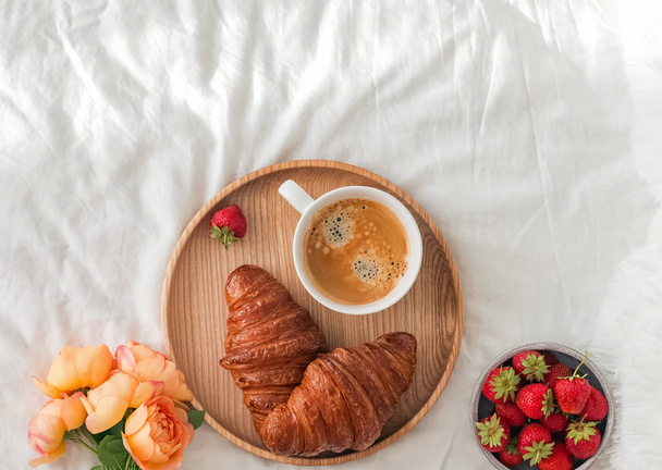 Breakfast in bed, top view - Фото, изображение