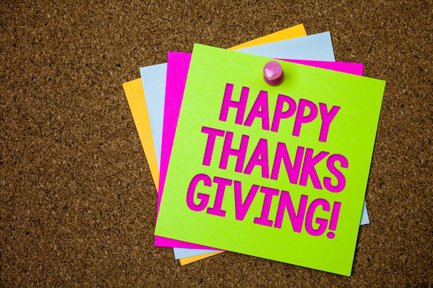 Text sign showing Happy Thanks Giving Motivational Call. Conceptual photo congratulations phrase Holidays Postcards various colour brown background lovely thoughts message memories - Photo, Image