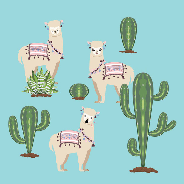 Carino cartone animato Alpaca con cactus design sfondo
. - Vettoriali, immagini