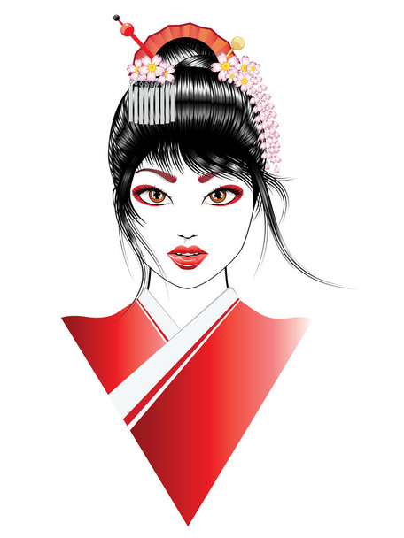 Oriental κορίτσι καρτούν με μαύρα μαλλιά, Ασιατικό χτένισμα. - Διάνυσμα, εικόνα