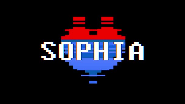 pixel heart SOPHIA word text glitch interference screen seamless loop animation background new dynamic retro vintage joyful colorful video footage - Footage, Video