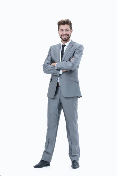 Confident successful businessman in gray suit on white backgroun - Photo, Image