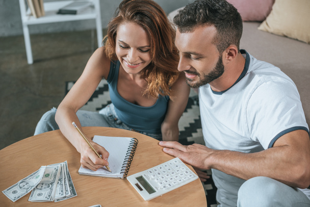 couple planning family budget and writing something to notebook in living room - Foto, imagen