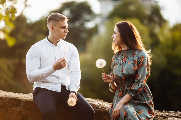 Happy beautiful young  couple with dandelions - Photo, Image