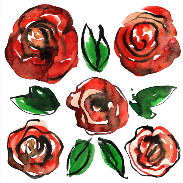 水彩の手描きの招待状、ウェディング カード、バースデー カードの花要素。暗赤色のバラ - 写真・画像