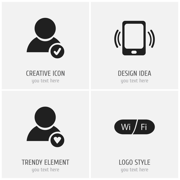 Set of 4 editable global icons. Includes symbols such as favorite person, wireless connection, verified account and more. Can be used for web, mobile, UI and infographic design. - Vector, Image