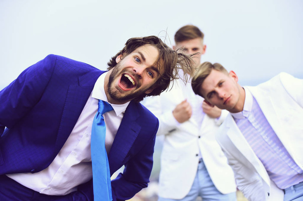 crazy work. happy man and twins guys in outfit, agile business, success - Fotoğraf, Görsel