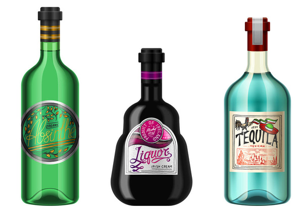 Realistic alcohol drinks in a bottle with different vintage labels. Absent Liqueur Tequila. Vector illustration. - Vector, Image