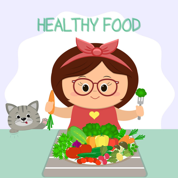 A cute girl in glasses and a bow at the table, a plate of vegetables. The cat looks out. Healthy food, organic products. Cartoon style, flat, vector. - Vector, afbeelding