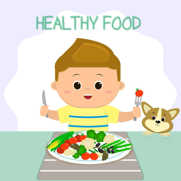 A boy in a T-shirt is sitting at a table, a plate of vegetables. The puppy looks like shit. Healthy food, organic products. - Vector, afbeelding