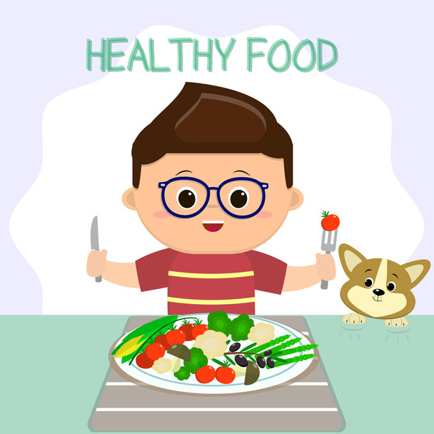 A boy in glasses sits at a table, a plate of vegetables. The puppy looks like shit. Healthy food, organic products. - Vector, afbeelding