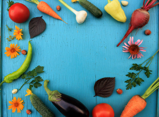 Concept d'aliments riches en nutriments ; Cadre de légumes vivants récoltés avec espace de copie pour le texte (carottes, poivre, tomates, concombre, persil, aneth). Fond de vue supérieure
 - Photo, image