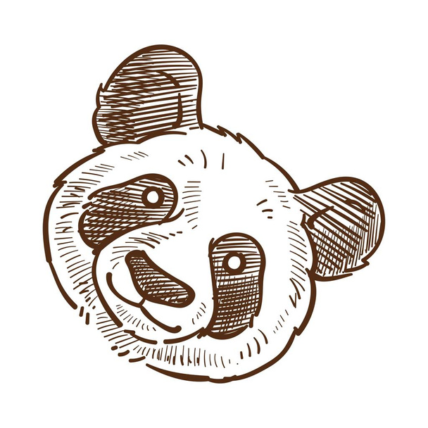 Panda cara primer plano bosquejo monocromo esquema de animales en peligro de extinción que viven en Asia. Mamífero parecido a un oso con marcas blancas y negras características, que se alimenta enteramente de ilustración vectorial de bambú
 - Vector, imagen