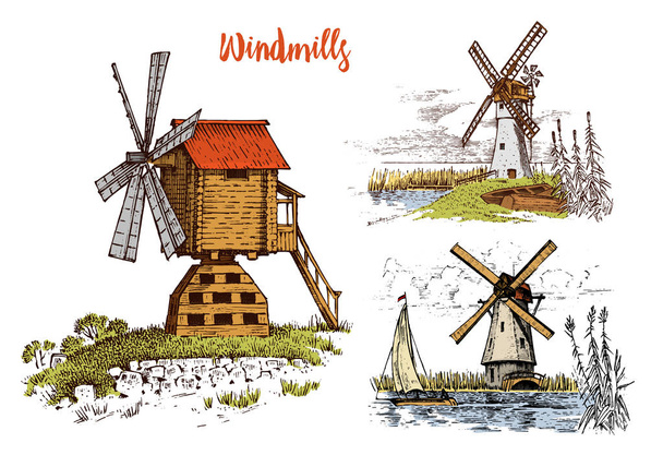 ビンテージ、レトロな手描画または刻まれた風景を風車スタイル、生態学的なパン屋さんのロゴ、古い建物と麦畑のための使用をすることができます。農村の有機農業の生産。ベクトル図. - ベクター画像