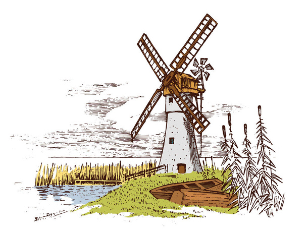 Windmill krajobraz w vintage, retro ręcznie rysowane lub grawerowane styl, może być użyty dla ekologiczna piekarnia logo, pole pszenicy ze starego budynku. Obszarów wiejskich ekologicznej produkcji rolnej. Ilustracja wektorowa. - Wektor, obraz