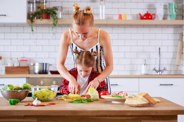Photo of young mother with her daughter cooking food in kitchen - Photo, Image