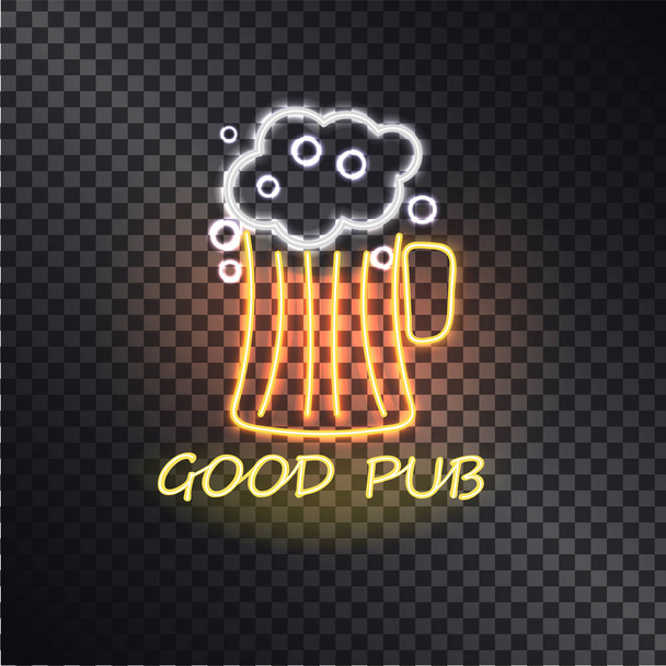 Good Pub, Cute Glowing Signboard with Beer Glass - Vector, imagen