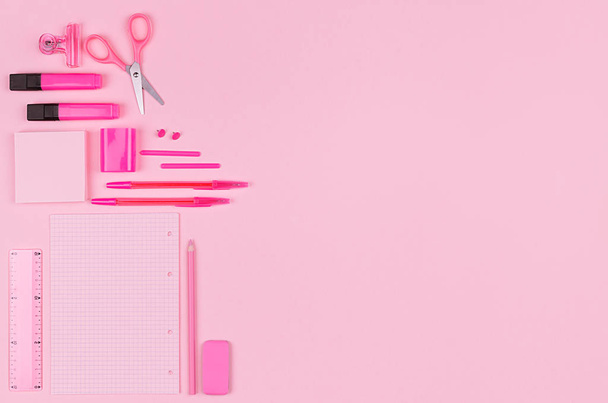 Fashion stylish workplace -  neon pink office stationery collection on pastel background, top view, copy space. - 写真・画像