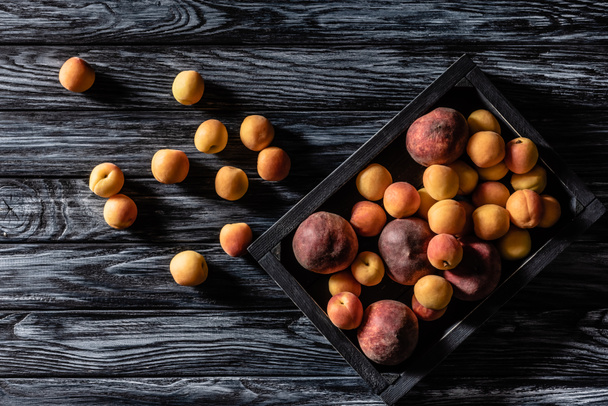 elevated view of tray with pile of peaches and apricots on wooden table  - Photo, Image