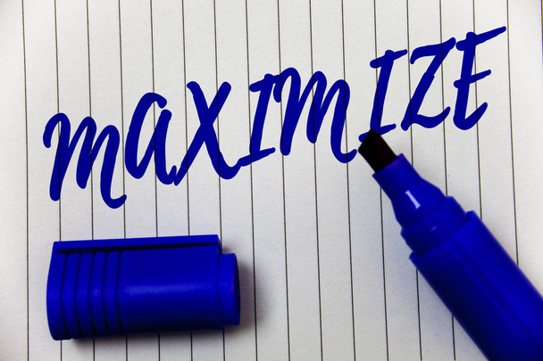 Writing note showing Maximize. Business photo showcasing Increase to the greatest possible amount or degree Make larger Marker pen cap bold highlighter linned background script sharpened nib - Photo, Image