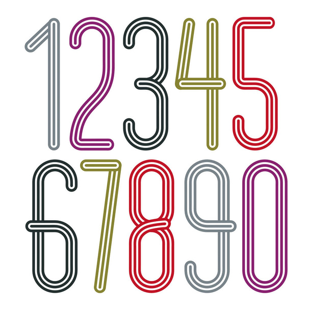 Vector  trendy numbers collection. Retro condensed numerals from 0 to 9  best for use in poster creation. Made with geometric parallel triple lines. - ベクター画像