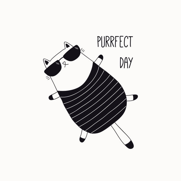 Illustrazione vettoriale disegnata a mano in bianco e nero di un simpatico gatto in costume da bagno e occhiali da sole con citazione Purrfect giorno isolato su sfondo bianco
 - Vettoriali, immagini