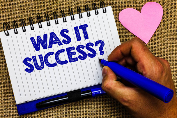 Writing note showing Was It Success Question. Business photo showcasing Happy feeling after achieving success in life Notepad pen papers ideas thoughts nice lovely love romantic hart mat - Photo, Image