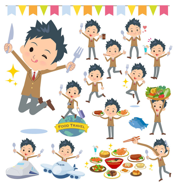 A set of School boy on food events.There are actions that have a fork and a spoon and are having fun.It's vector art so it's easy to edit. - Vector, Image