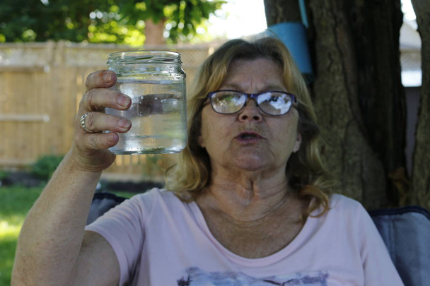 age, health care and people concept - happy senior woman with glass of water at home - Photo, Image