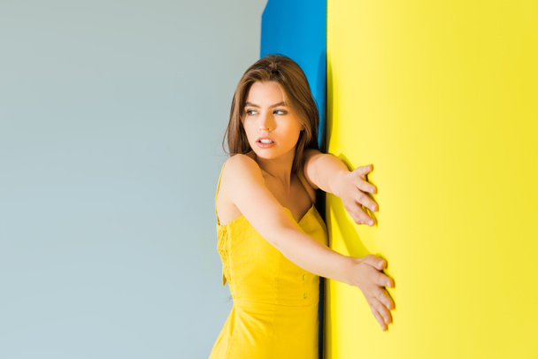 Female fashion model standing by blue and yellow background - Fotoğraf, Görsel
