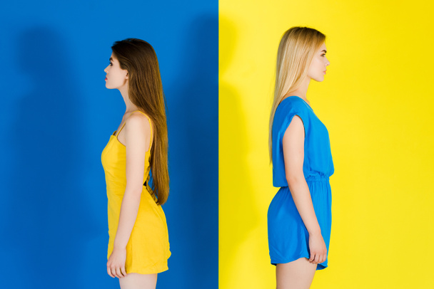 Attractive young girls standing back to back on blue and yellow background - Foto, immagini