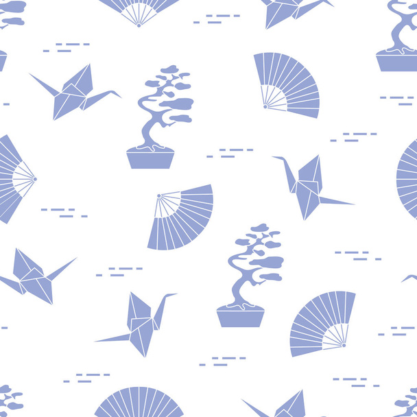 Seamless pattern with bonsai trees, origami paper cranes, fans. Travel and leisure. Japan traditional design elements. - Vektör, Görsel