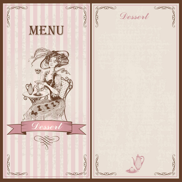 Dessert menu. For cafes and restaurants. Vintage style. A girl in an old dress and hat drinking tea. Sketch. Vector illustration - Vector, Image