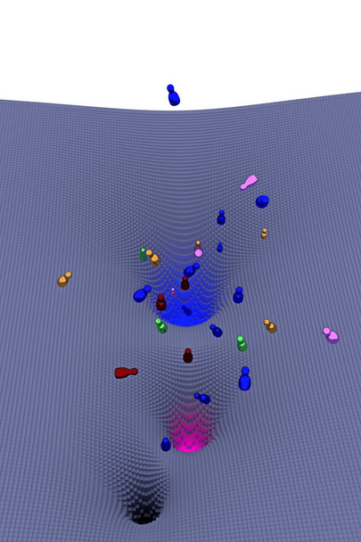 3D απεικόνιση της ελεύθερης πτώσης, γυαλιστερό φιγούρες (περιστρεφόμενη φορείς) μια χοάνη-διαμορφωμένη τοπίο που αποτελείται από εκατοντάδες cuboids με τετράγωνη βάση - Φωτογραφία, εικόνα
