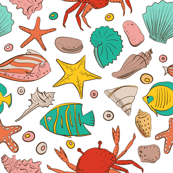Seamless patterns with shell, starfish, calm, stone. Vector set for design in sea beach style. Colored exotic shells. - Vector, Image