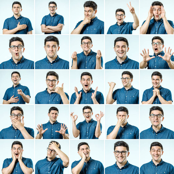 Set of young man's portraits with different emotions and gestures isolated - Foto, afbeelding