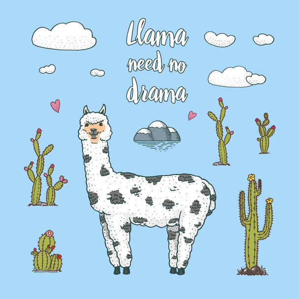 Carino Alpaca Llamas o guanaco selvatico sullo sfondo di Cactus e montagna. Divertenti animali sorridenti in Perù per biglietti, manifesti, inviti, magliette. Elementi disegnati a mano. Schizzo inciso
. - Vettoriali, immagini
