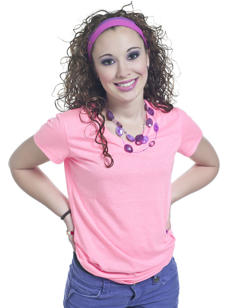 μια ευτυχισμένη γυναίκα όμορφη με ροζ πουκάμισο - Φωτογραφία, εικόνα