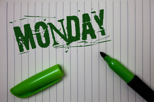 Handwriting text Monday. Concept meaning First day of the week Back to work Weekend is over Wakeup Early Linned paper background pen cap marker highlighter ink green drawing - Photo, Image